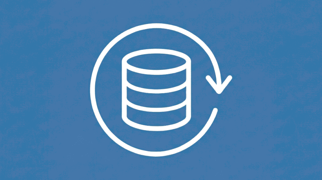 Ícone minimalista branco de um banco de dados Active Directory com uma seta de retorno sobre fundo azul sólido, representando a recuperação de Snapshot e o conceito de USN Rollback.