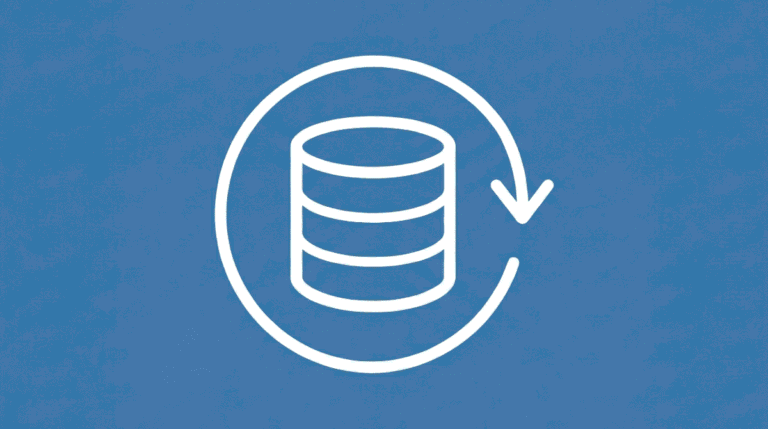 Ícone minimalista branco de um banco de dados Active Directory com uma seta de retorno sobre fundo azul sólido, representando a recuperação de Snapshot e o conceito de USN Rollback.